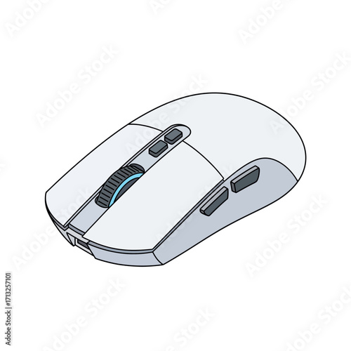 Illustration of a white wireless computer mouse with a blue scroll wheel and side buttons on a clean white background, viewed from an isometric angle.