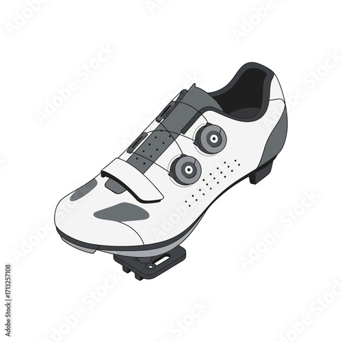 Isometric illustration of a white cycling shoe with grey accents, showing the sole and adjustable closures.