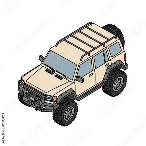 Isometric illustration of a rugged, tan off-road SUV with large tires and a roof rack.