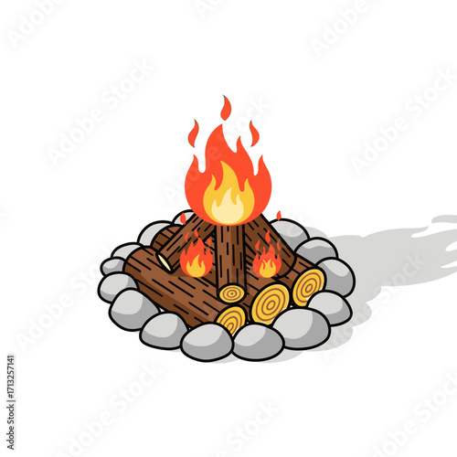 Cartoon illustration of a burning campfire with logs and a stone ring, casting a shadow on a white background.