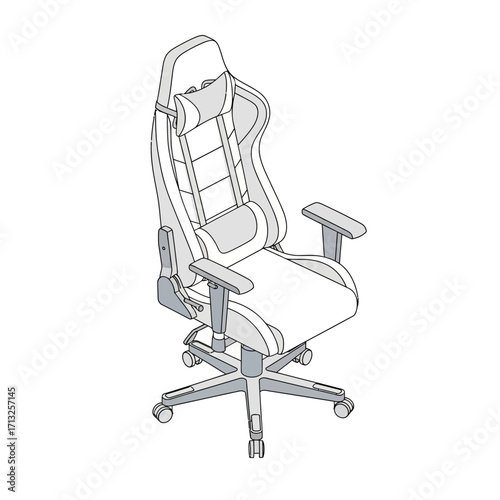 Isometric illustration of a gaming chair with adjustable armrests and lumbar support.