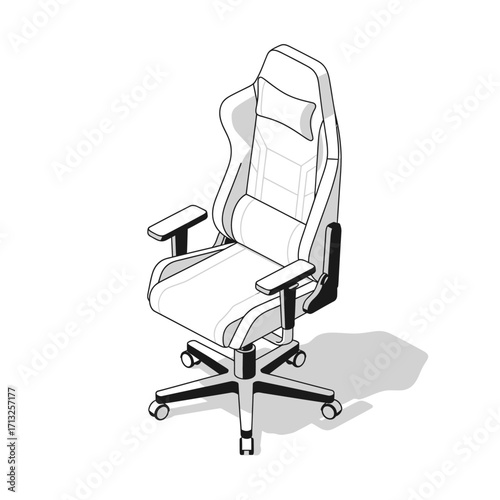 A black and white line art illustration of an ergonomic gaming chair with a high back, armrests, and a wheeled base.