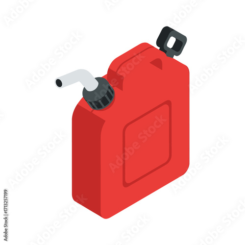 Isometric view of a red jerry can with a fuel nozzle and cap.