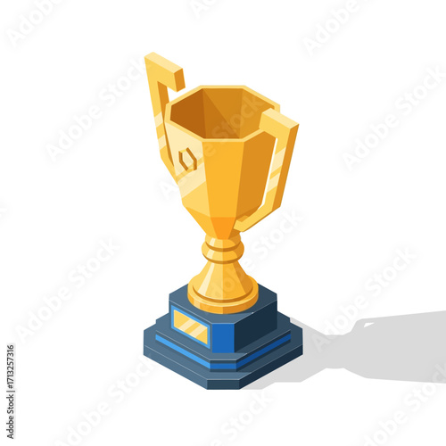 Isometric golden trophy cup on a blue pedestal, representing victory, success, and achievement in a competition.