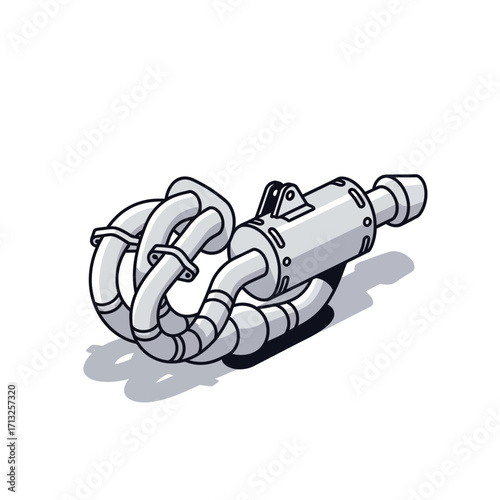 A stylized illustration of a motorcycle exhaust system with multiple pipes and a muffler.