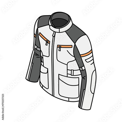 White and grey motorcycle jacket with orange accents and multiple pockets, designed for riding safety and comfort.