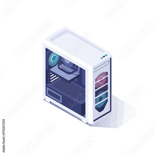 Isometric illustration of a white computer tower with internal components visible, showcasing technology.