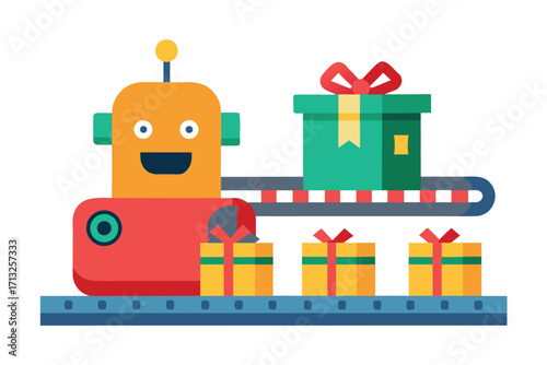 Cartoon robot on conveyor belt with gift boxes and presents on white background vector illustration