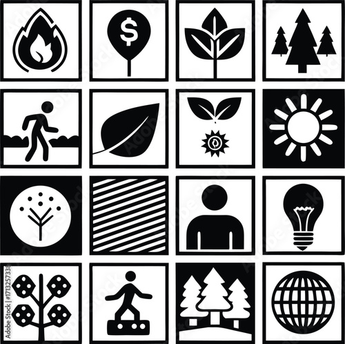 Collection of diverse icons representing nature energy sustainability and environmental concepts in black and white for easy application