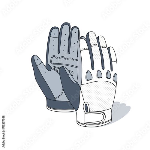 A pair of protective sports gloves with knuckle guards and grip pads, shown in a vector illustration style on a white background.