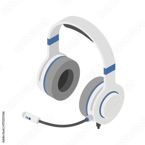 Isometric illustration of a white and gray gaming headset with a microphone, isolated.