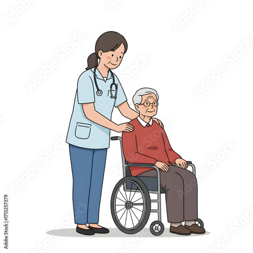 A caring nurse gently supports an elderly man seated in a wheelchair, offering comfort and assistance.