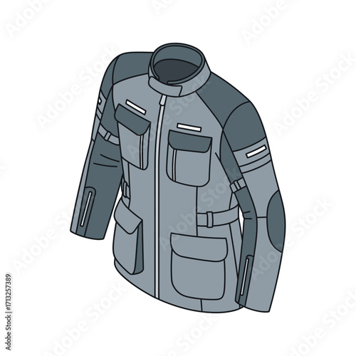A detailed vector illustration of a gray textile motorcycle jacket with protective padding and multiple pockets.