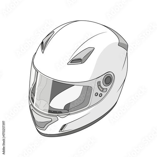 A detailed illustration of a white full-face motorcycle helmet with a clear visor and ventilation features.