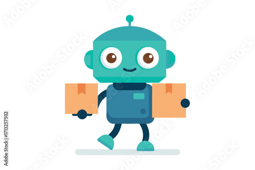 Cute cartoon robot carrying two cardboard boxes, isolated on white android artificial intelligence