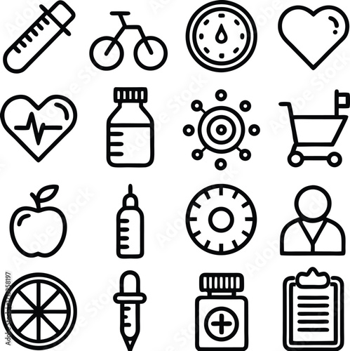 Collection of medical and health icons featuring syringe heart apple bicycle and shopping cart for digital and print applications