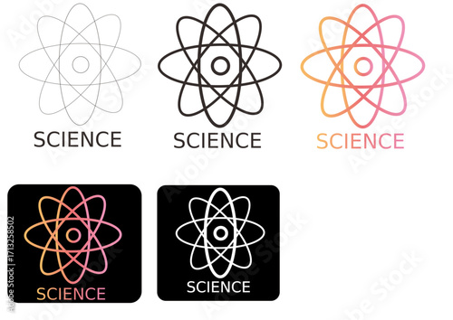 A unified collection of scientific atom icons, showcasing various logo designs in vector format for technology and education branding concepts