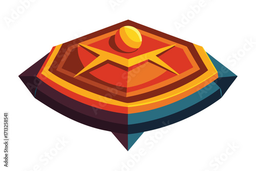Isometric hexagonal shield emblem with golden accents and a central gem Keywords: shield, emblem, crest, badge, award, trophy, victory, protection