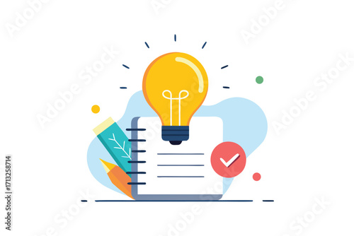 Light bulb over notebook with pencil and check mark on white background idea concept