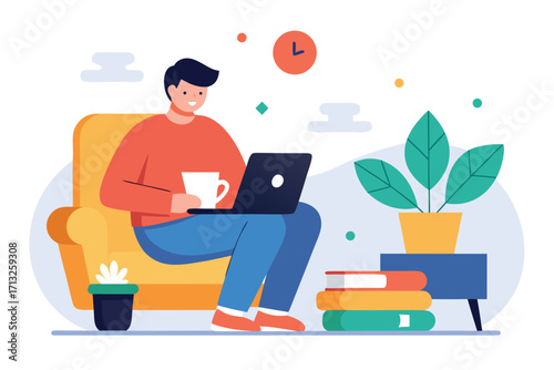 Man working on laptop with coffee cup in a cozy armchair with plants and books Keywords: man, working, laptop, coffee cup, armchair, cozy, home