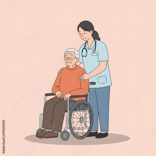 A compassionate nurse gently assists an elderly gentleman seated in a wheelchair, offering support and care.