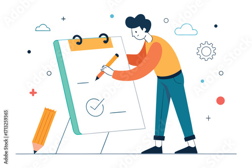 Man writing on a clipboard with a large pencil and checklist vector illustration