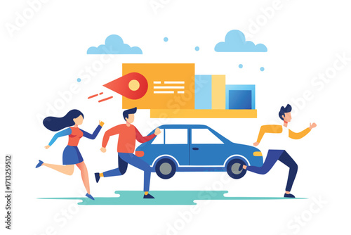 People Running Towards a Car and Buildings with Location Pin Icon on White Background automobile vehicle