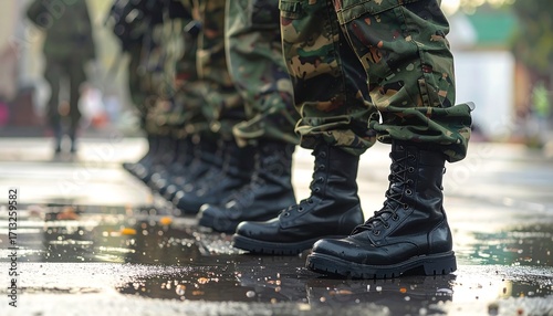 Military personnel in camouflage uniforms stand in a line, their black boots positioned on a wet pavement.