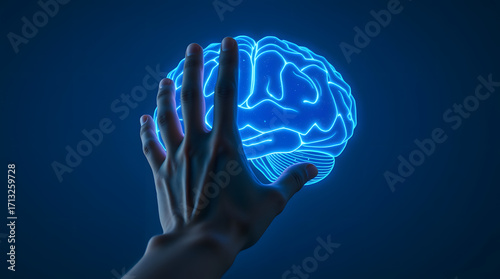 Exploring the Digital Mind A Luminous Brain Model Interacting with a Human Hand, Symbolizing Artificial Intelligence, Neuroscience, and Future Technological Advancements