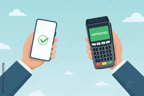 Flat Cartoon Hands Holding Smartphone and POS Terminal, Vector Illustration. Contactless Mobile Payment Process, Secure Payment Confirmation, NFC Transaction Technology, Cashless Purchase Concept