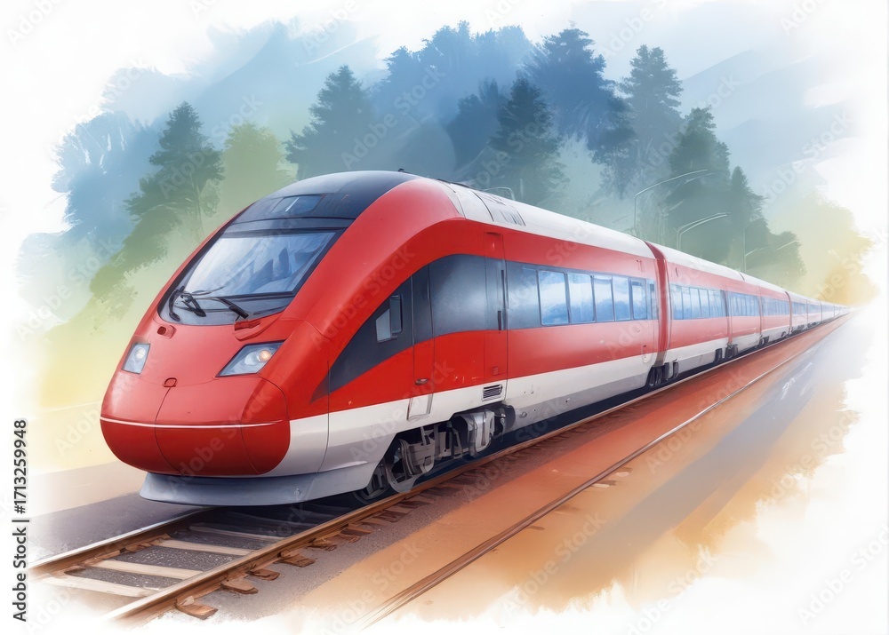 Fototapeta premium Watercolor Red High-Speed Train