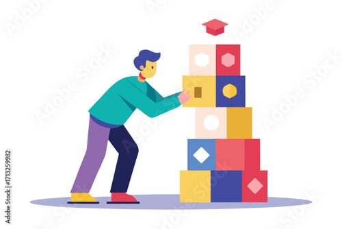 Person stacking colorful building blocks to create a tall tower vector illustration