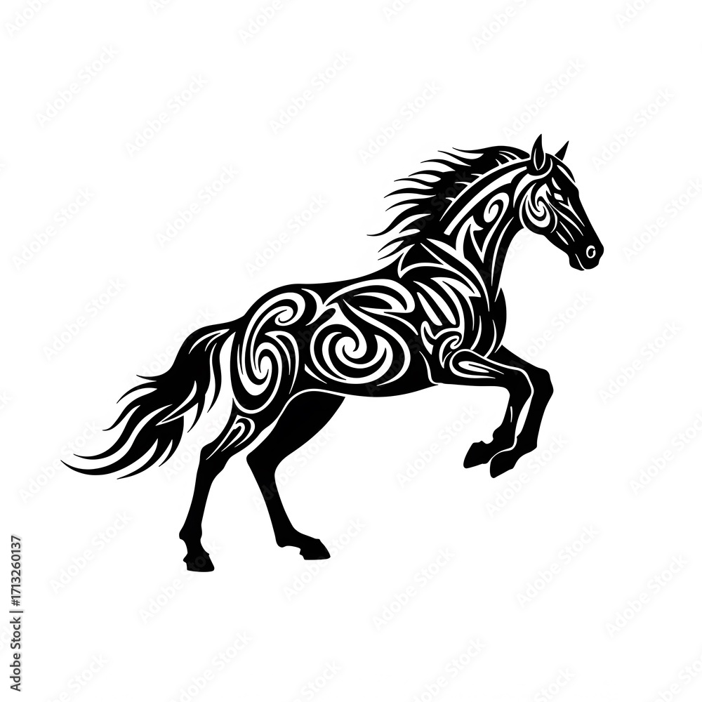 Obraz premium Black Tribal Horse Illustration with Flowing Mane and Swirling Patterns on White Background