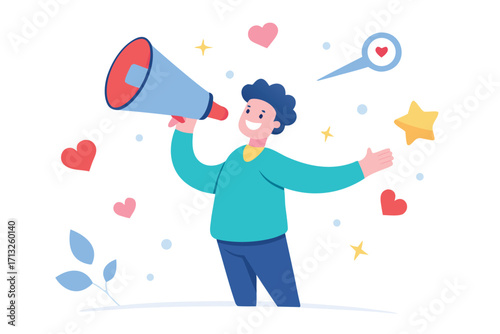 Person with megaphone announcing with hearts and stars announcement shouting