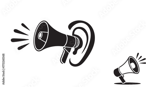 Black and white megaphone and ear illustration for sound promotion