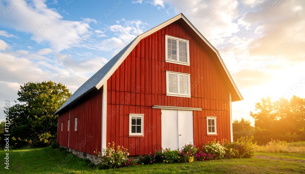 Obraz premium Rustic red barn at sunset