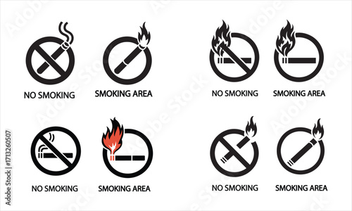 Collection of black and white no smoking and smoking area signs