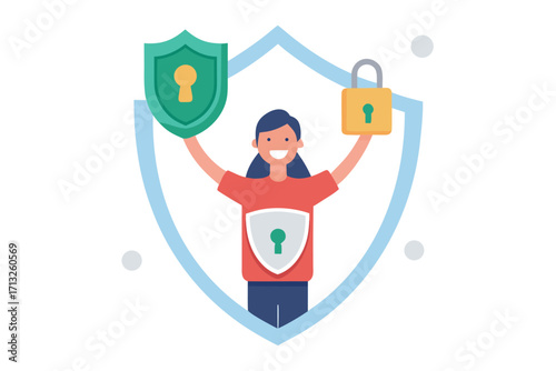 Woman holding a shield and a padlock symbolizing security and protection person safety