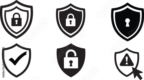 Shield Icons Symbolizing Security Protection and Safety in Black and White
