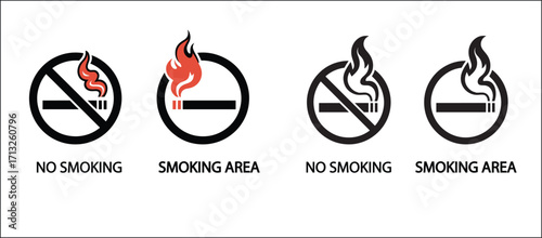 Smoking and No Smoking Area Signs with Cigarettes and Flames