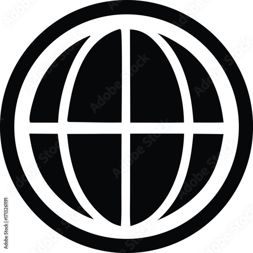 Black and white global sphere symbol representing world connectivity and international communication in a clean design
