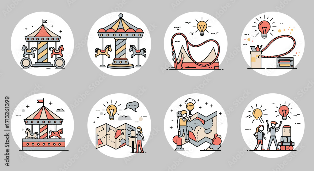 Fototapeta premium Carousel rides and creative solutions depicted in vector illustration set