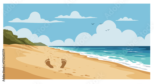 Beach scene with footprints in the sand under a cloudy sky illustration vector