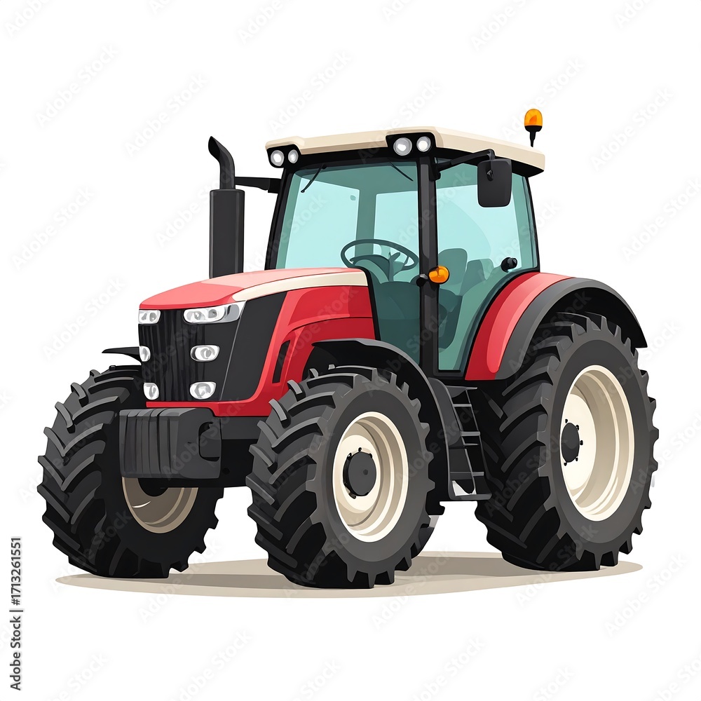 Obraz premium A detailed illustration of a vibrant red tractor, showcasing its sturdy design and large tires against a plain white background.
