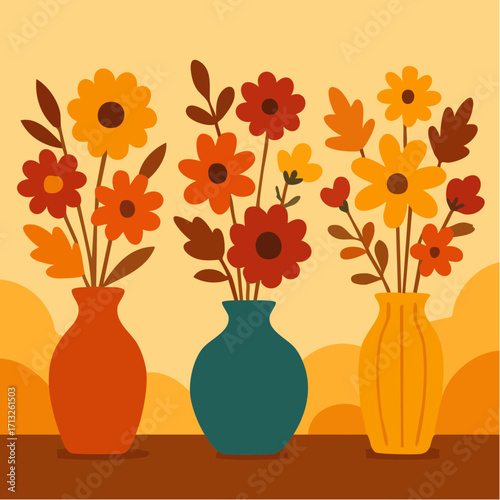 Vector Image:  Fall Flower Arrangements in Colorful Vases 11