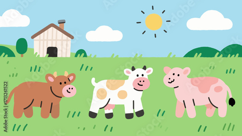 Cheerful cartoon farm scene featuring happy cows grazing in a lush green field