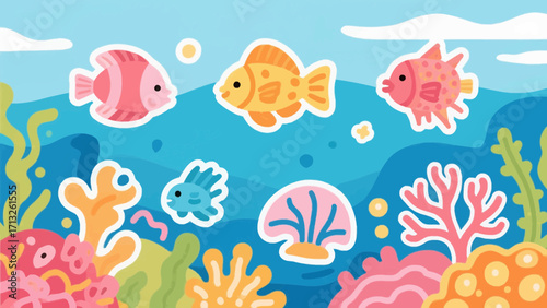 Cheerful underwater world featuring colorful fish, coral and seaweed in a bright blue ocean background
