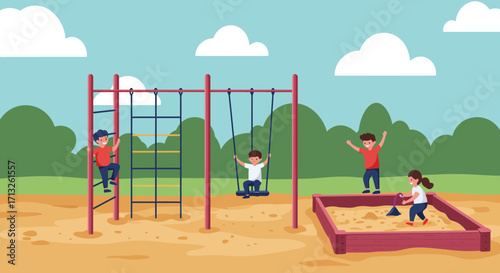 Children enjoying playtime at the park with swing, ladder, and sandbox fun activities