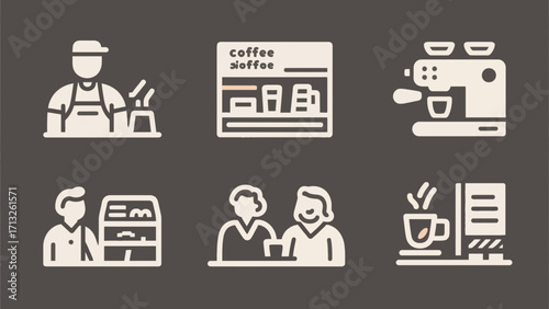 Coffee shop icons representing barista, drinks, and customers in vector design
