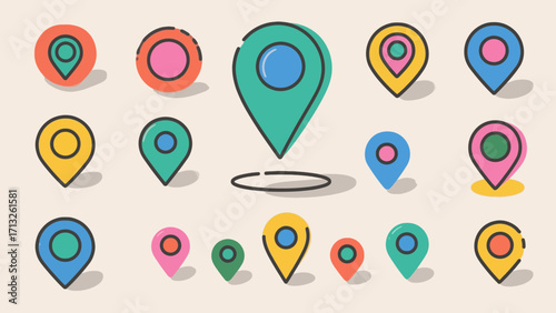 Collection of colorful location pin icons with outline and shadow for map designs